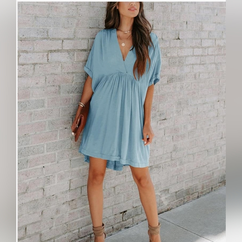 Womens blue babydoll short sleeve tunic dress